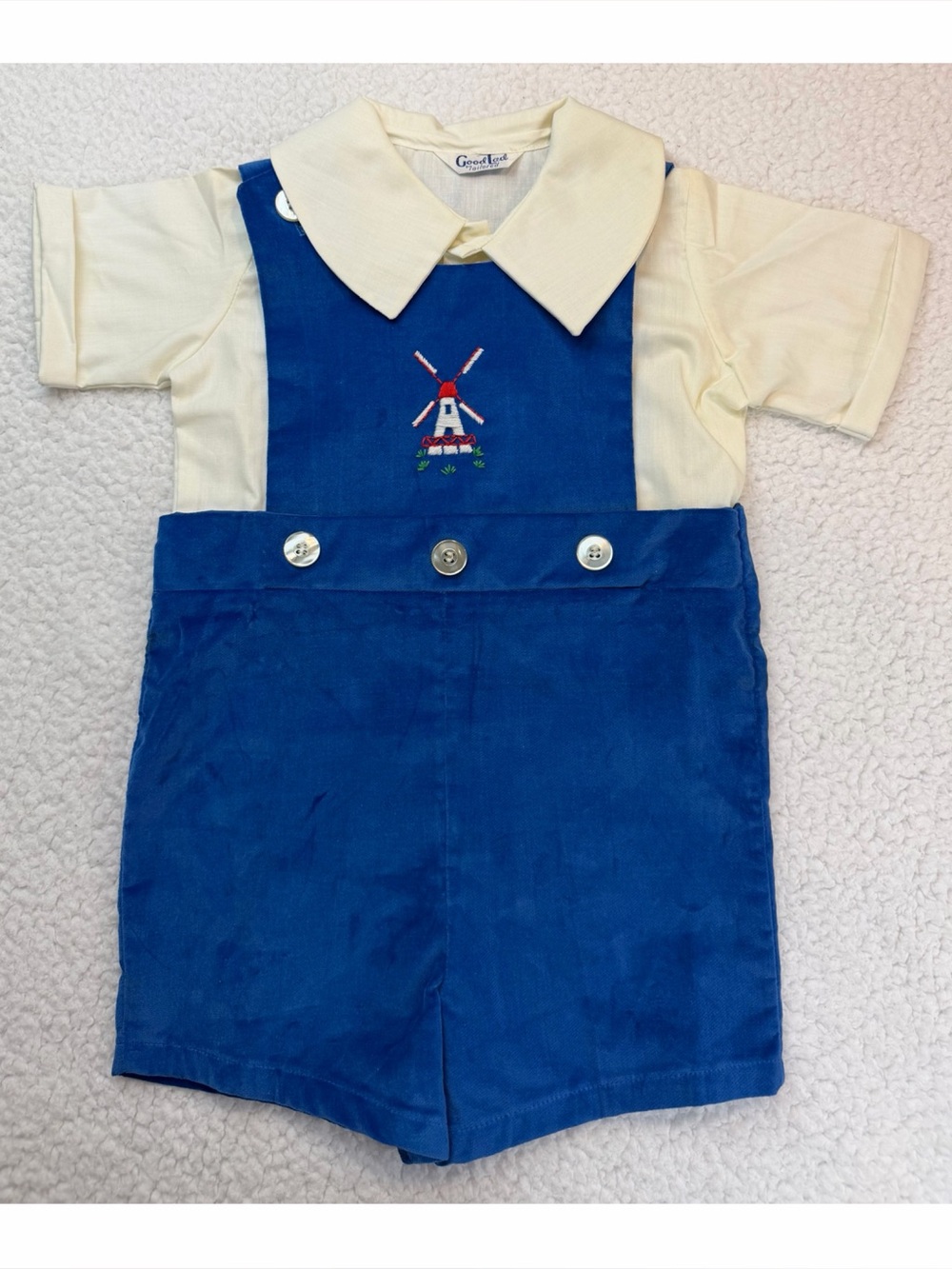(VTG) GOOD LAD • Blue/White Embroidered Windmill Kids 2-Piece Overall Set, 4